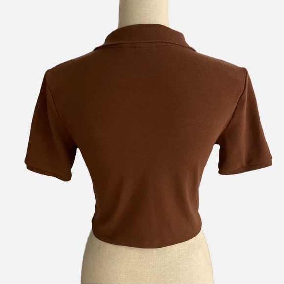 Aritzia Sunday Best Audio Top Cropped Polo Medium Cognac Brown Short Sleeve - Picture 12 of 13